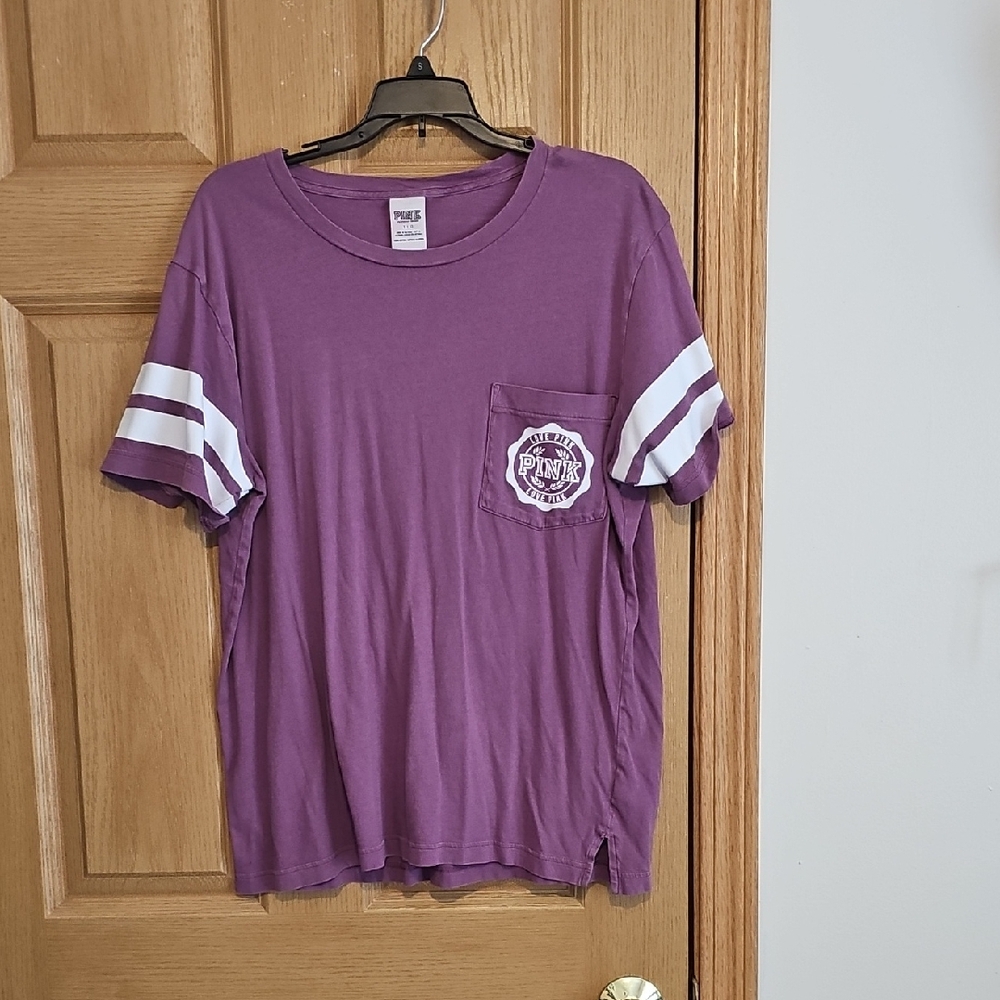 PINK Victoria's Secret Purple Tee with White Stripes Fits More Like A Medium